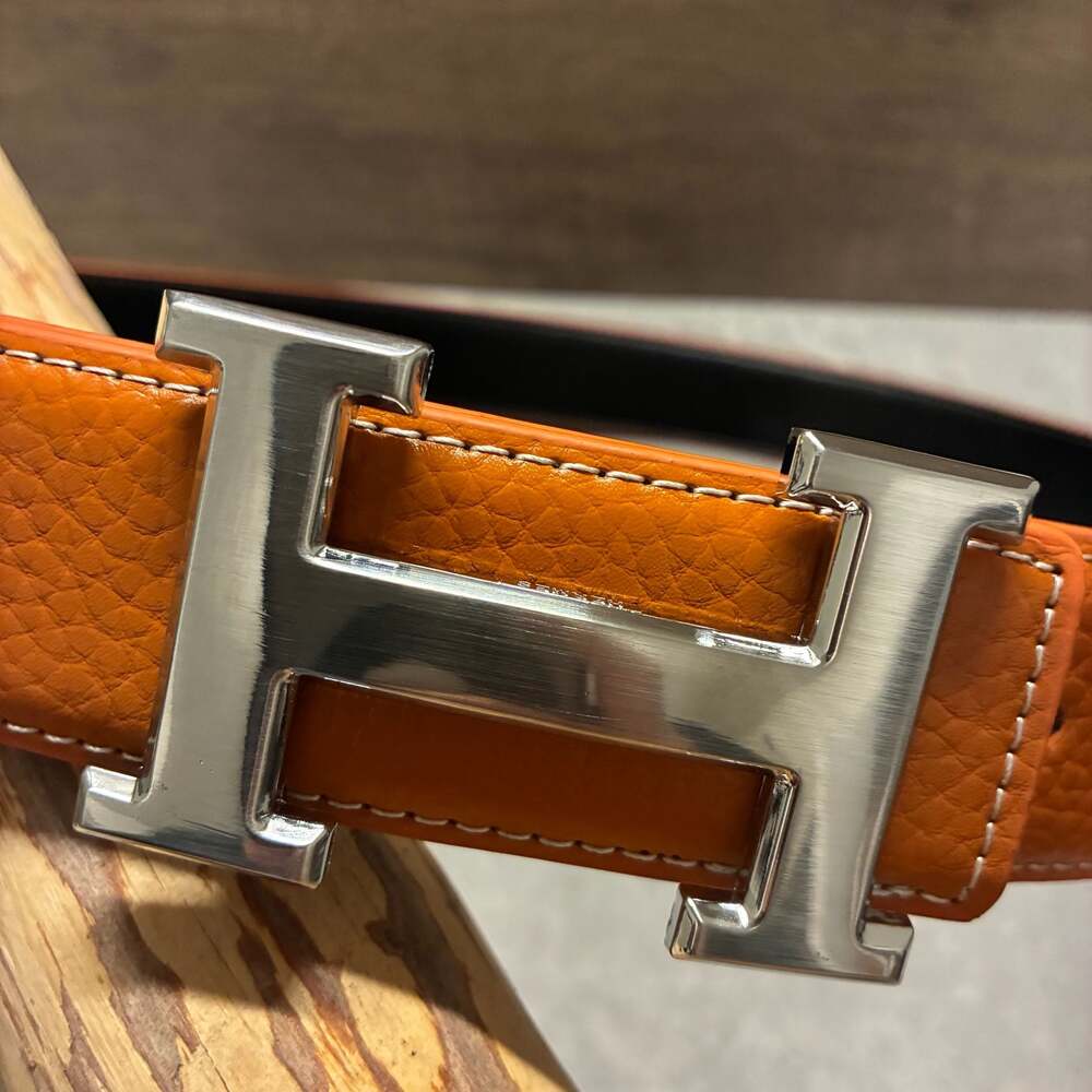 Luxury Orange Leather Belt with Silver H Buckle for Men - Picture 2 of 4